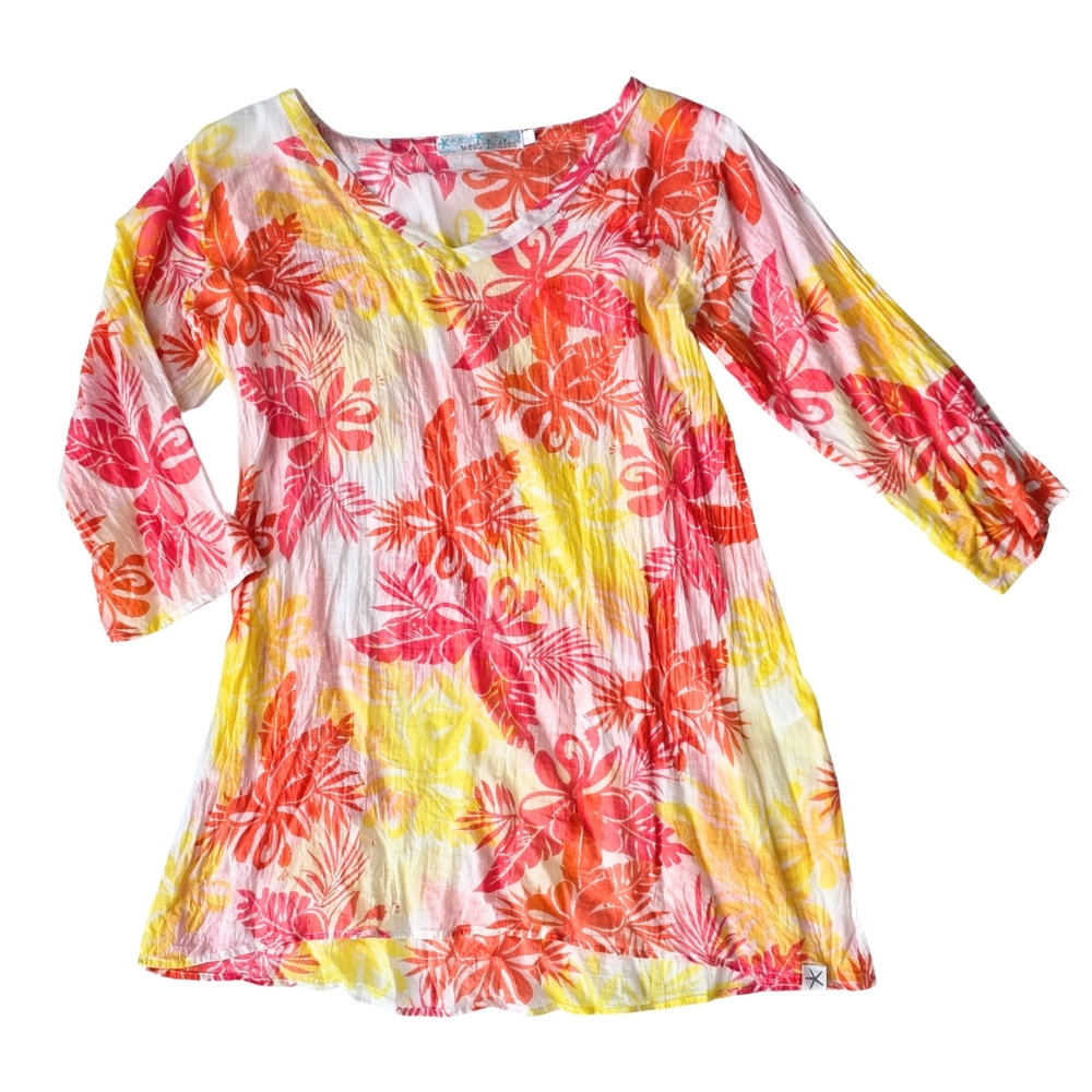 West Indies Pina Colada Cotton Beach Tunic Top Cover-Up Orange/Yellow Size Large - Picture 2 of 7